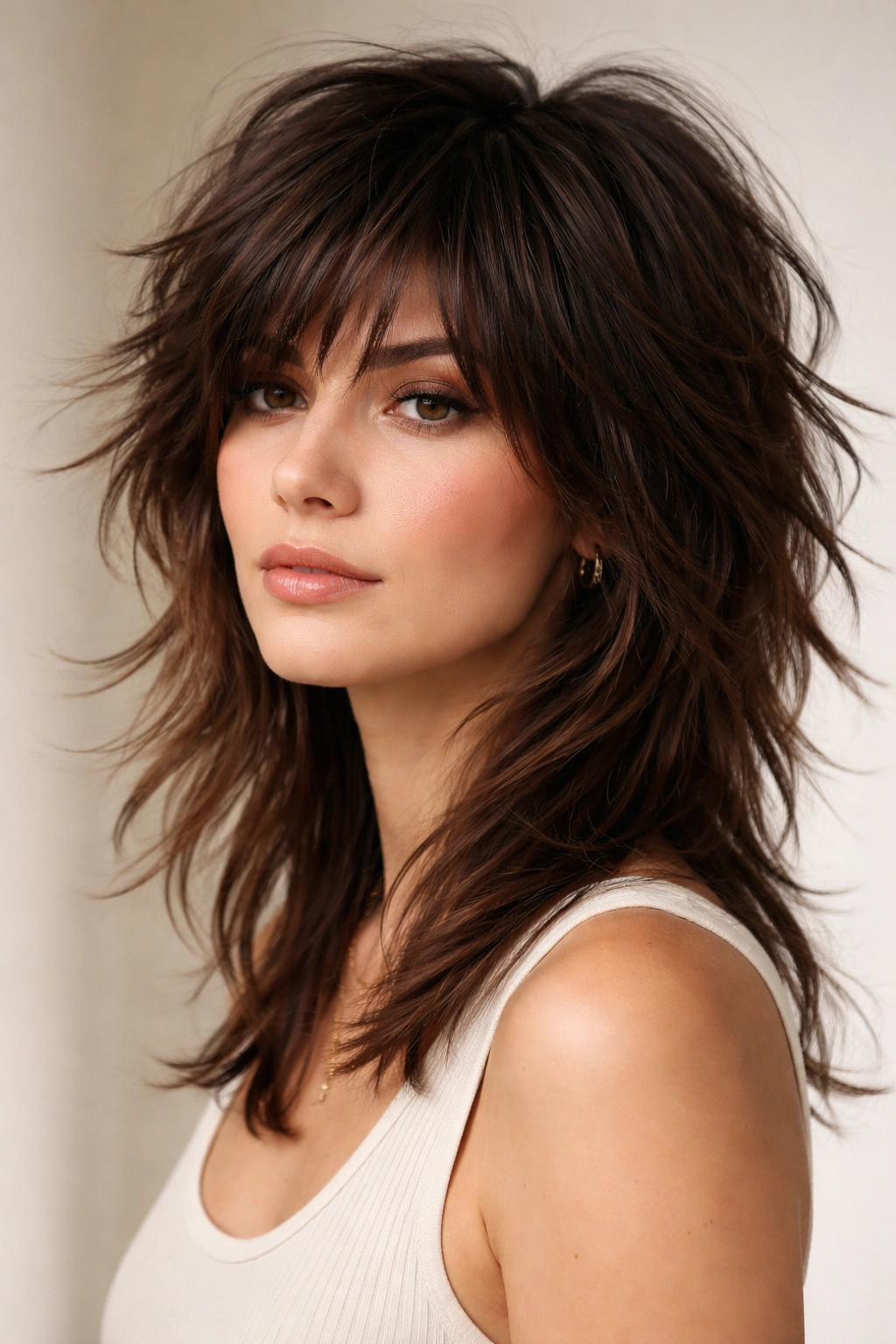 Head-and-shoulders portrait of a shag hairstyle with short, choppy layers