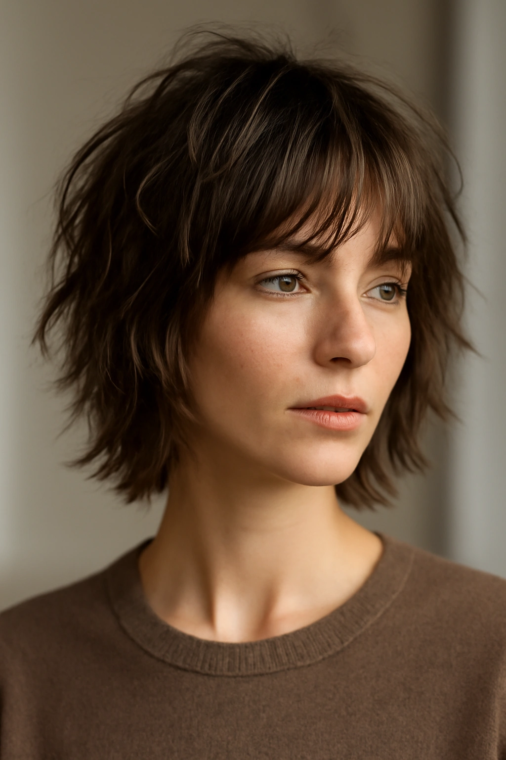 12 Short Layered Haircuts With Bangs That Actually Work 10 Tousled shag with piece-y bangs in a natural beachy style