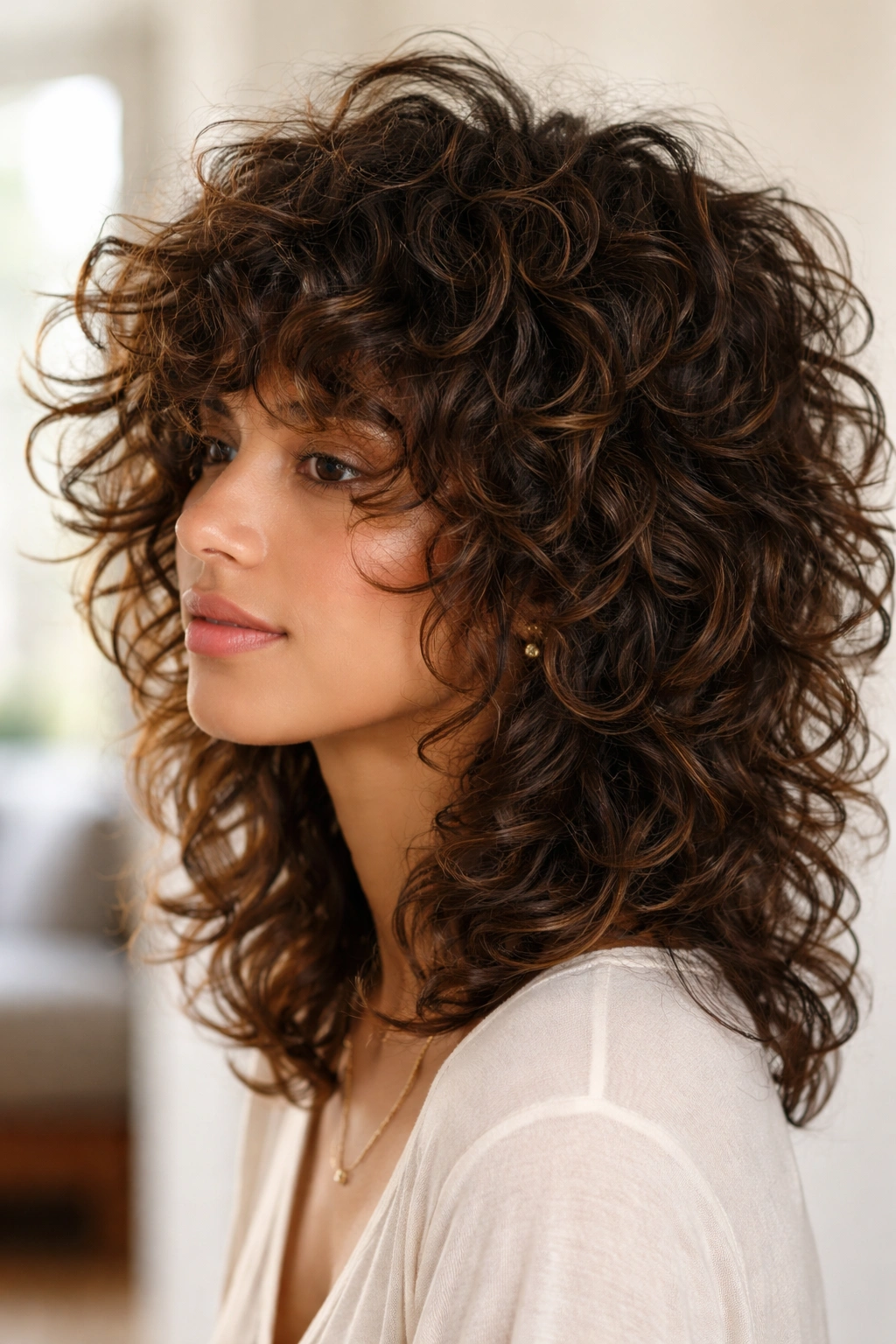 12 Short Curly Looks Suited To Every Curl Type 3 Three-quarter view of a curly-haired person with a layered shag cut