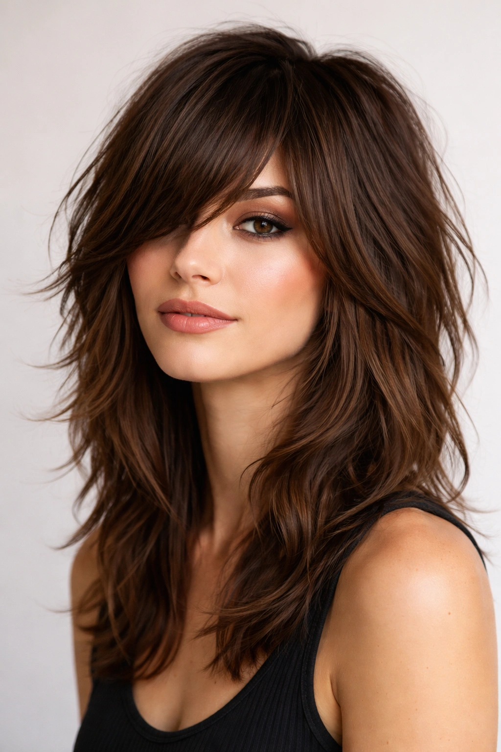 Shag with longer side bangs forming a soft fringe