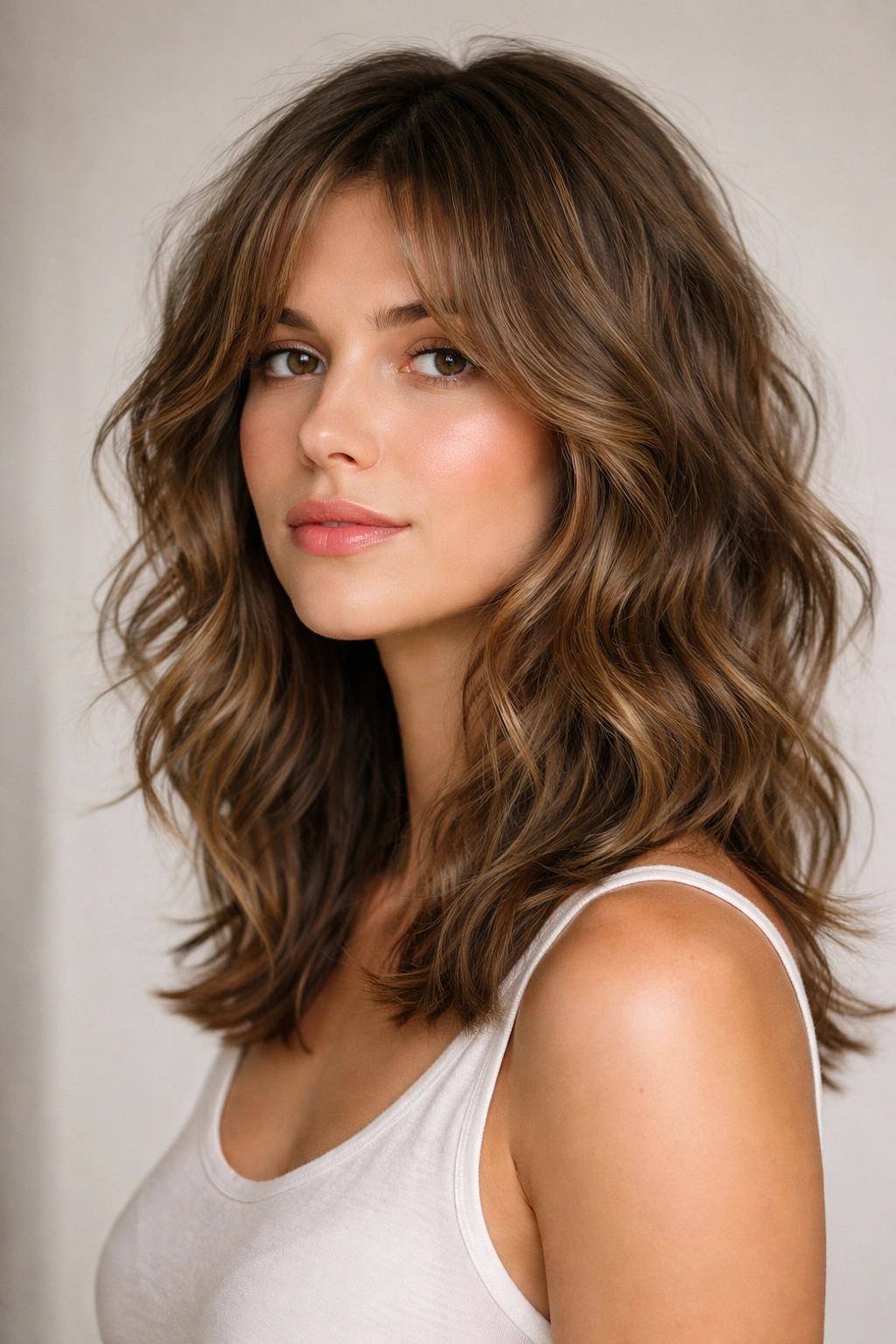 20 Curly Haircuts Broken Down By Curl Type 1 Close-up of shoulder-length shag with loose waves and face-framing layers