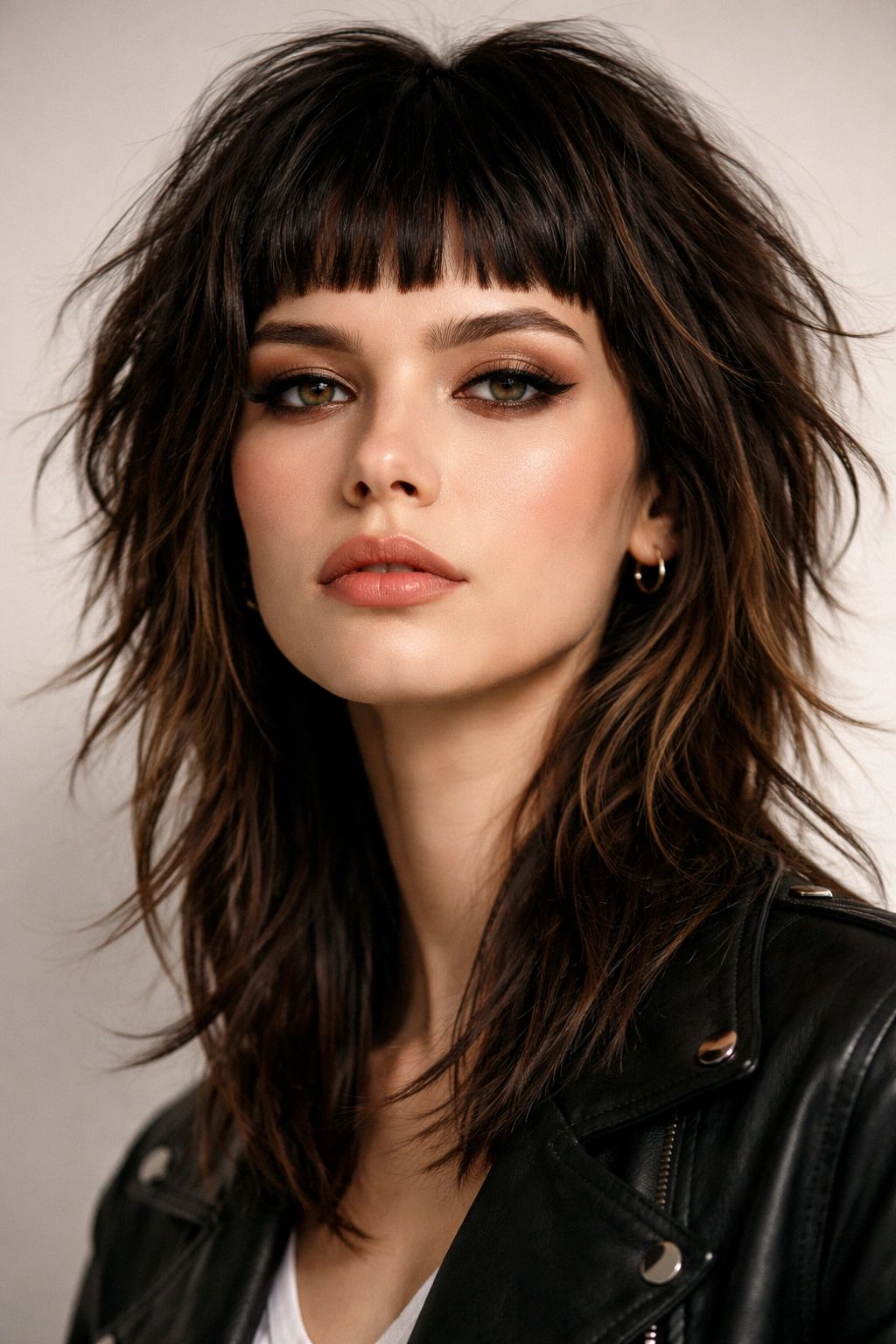 Shag with micro bangs showing bold forehead fringe and textured layers