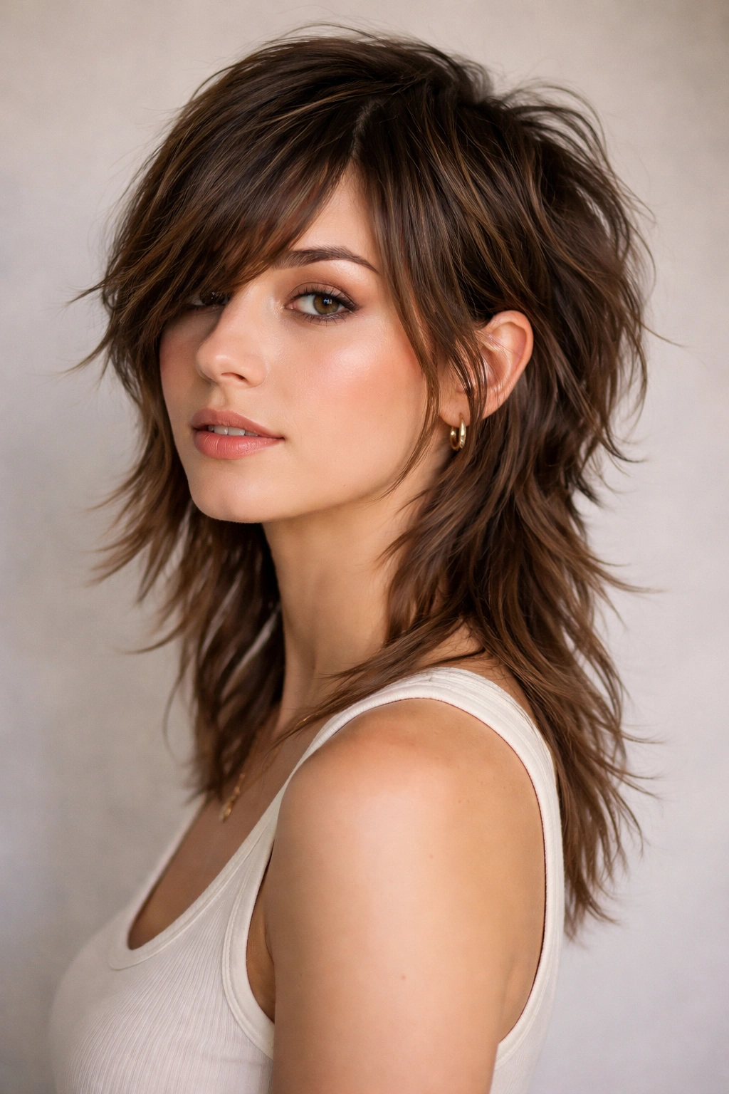 12 Short Shag Cuts With Side Swept Bangs 10 Mullet shag fusion with side-swept top bangs showing back length and top texture