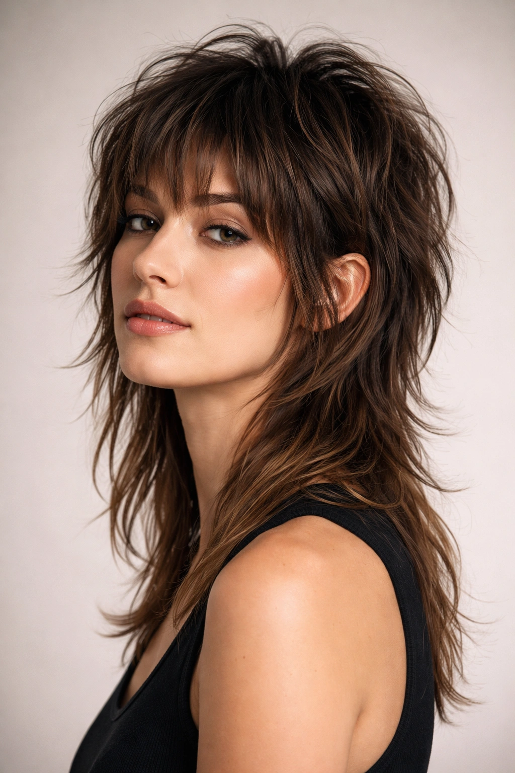 Close-up of The Classic Shag Mullet hairstyle with a textured top and long back