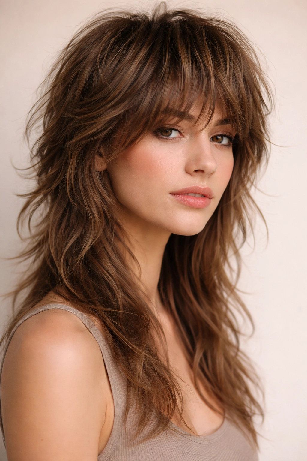 15 Soft Mullet Cuts That Look Good On Almost Anyone 3 Portrait of a person with a shag mullet showing all-over textured layers