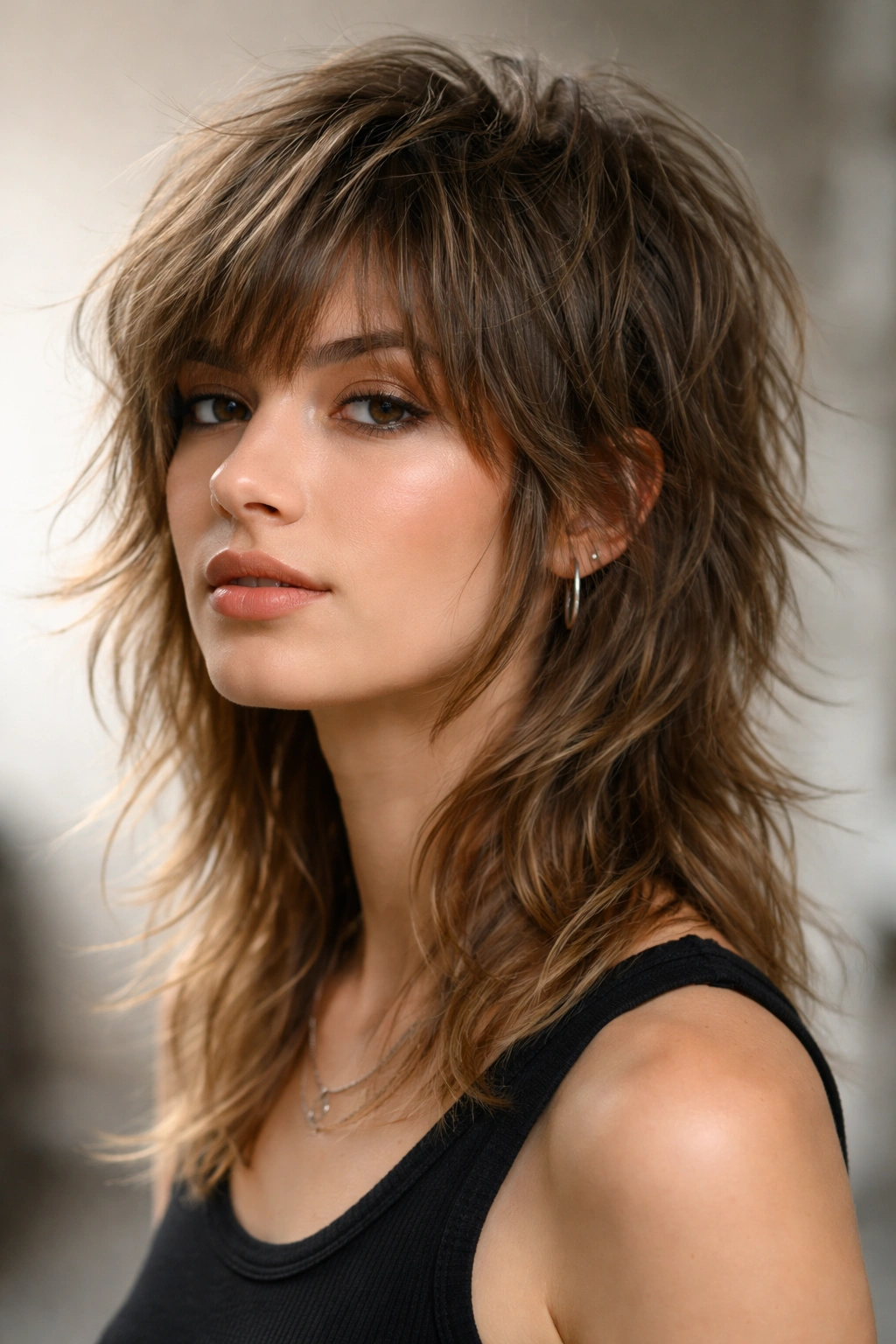 Close-up of a person with shag-heavy mullet hairstyle featuring layered front and subtle back length