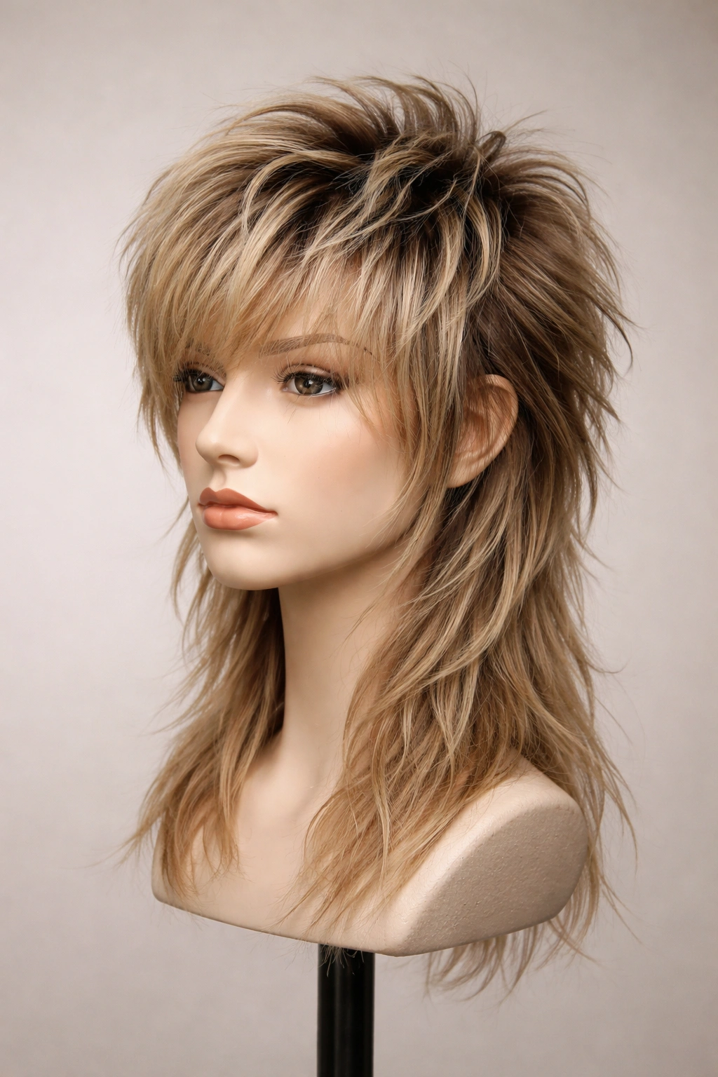 Mannequin head featuring a shag mullet hybrid with crown lift