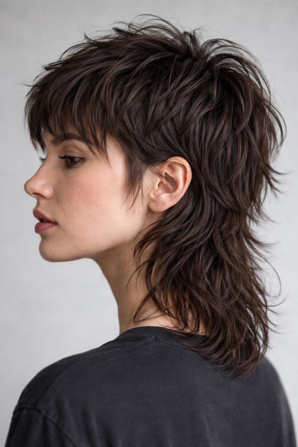 Close-up of The Shag Mullet with layered crown and back length.