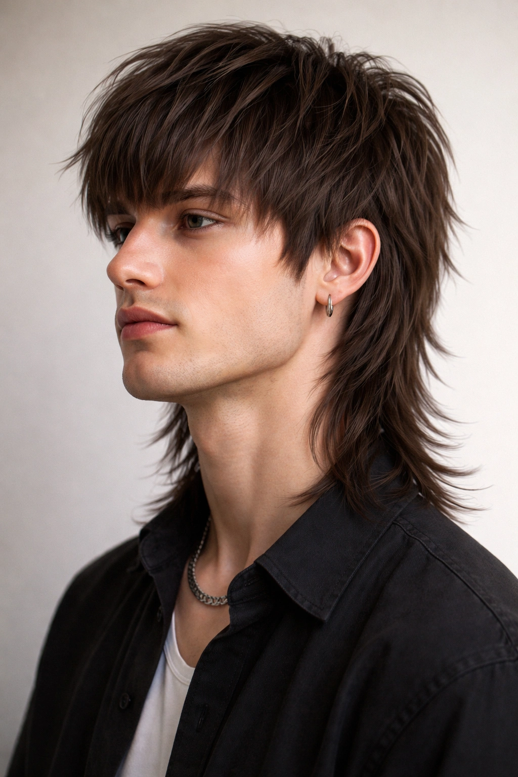 Portrait of a person with a shag mullet hybrid on straight hair showing choppy texture and back-length progression