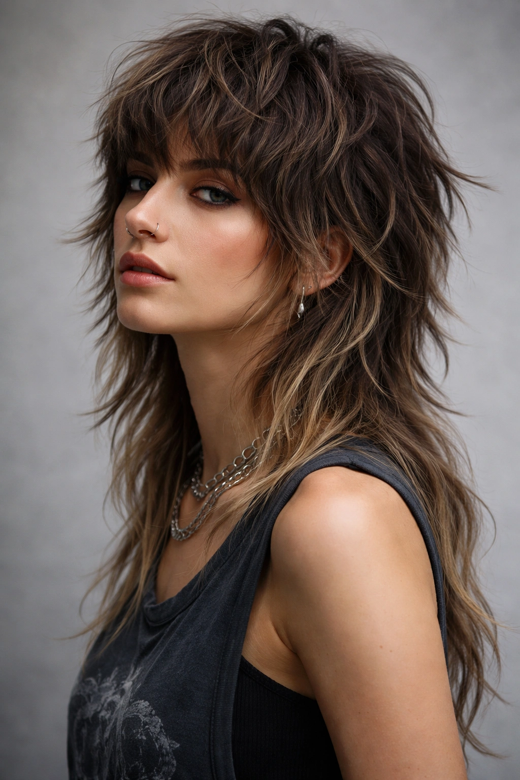 Portrait of a person with Shag Mullet Hybrid showing all-over textured layers and long back