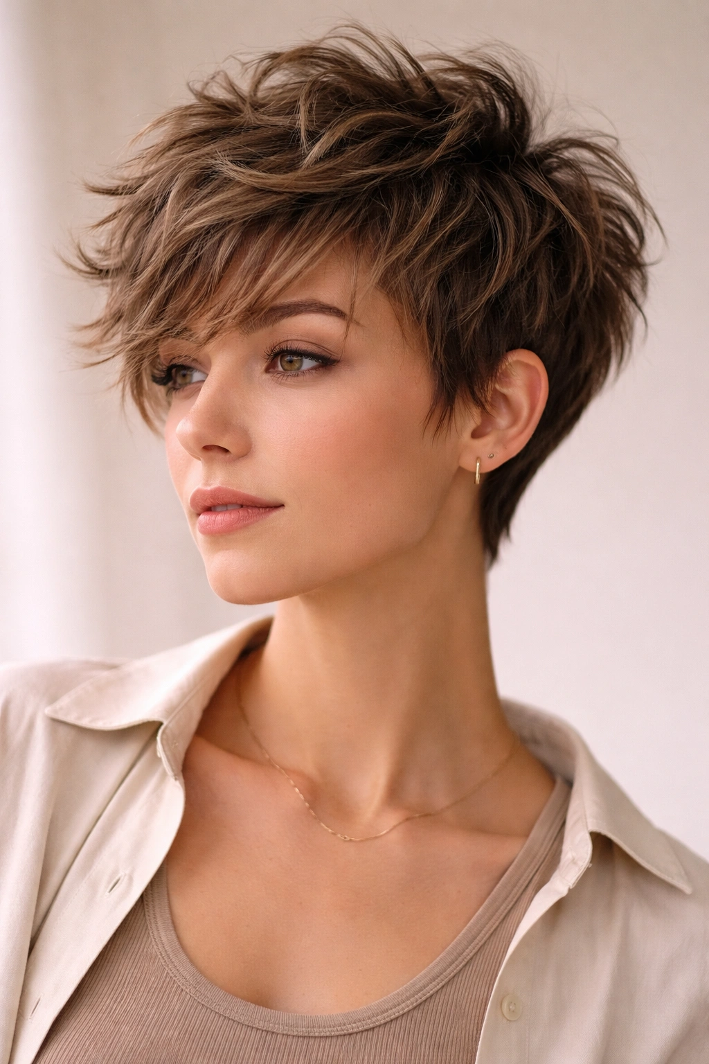 Close-up of a tousled shag pixie with textured top layers and close sides.