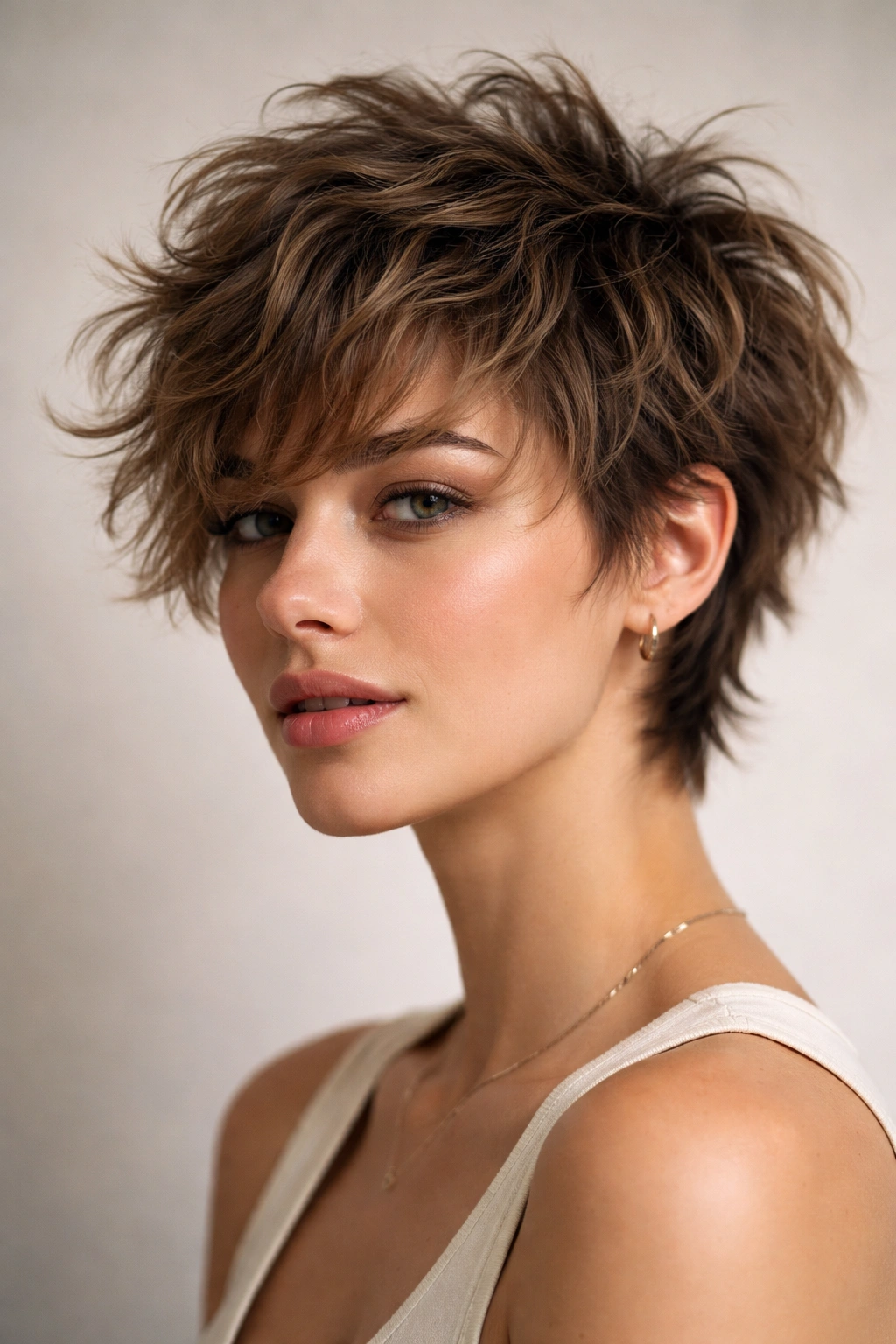 Close-up of shag pixie hairstyle with textured layers on model's head