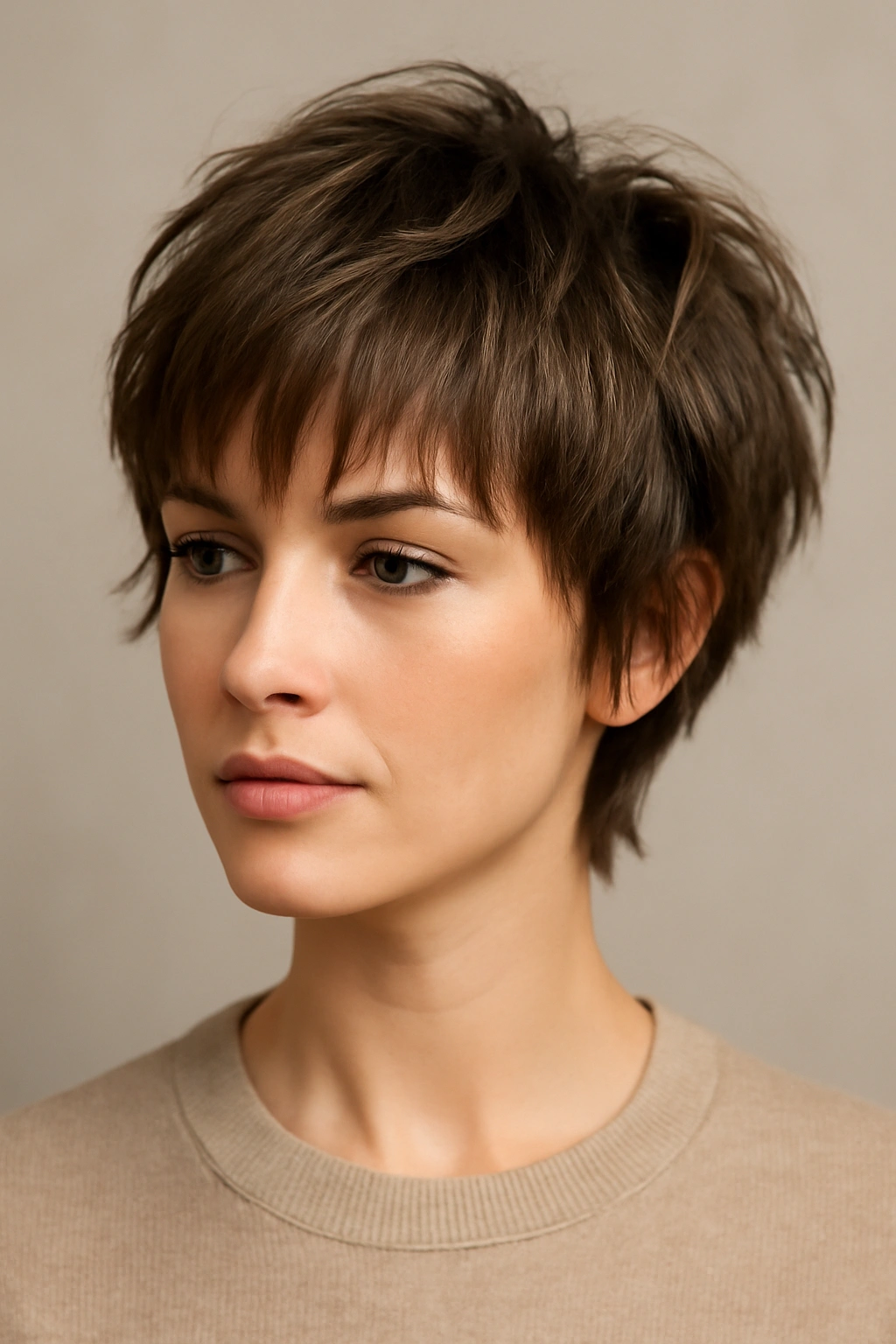 Portrait of shag pixie with wispy layered bangs and textured crown.