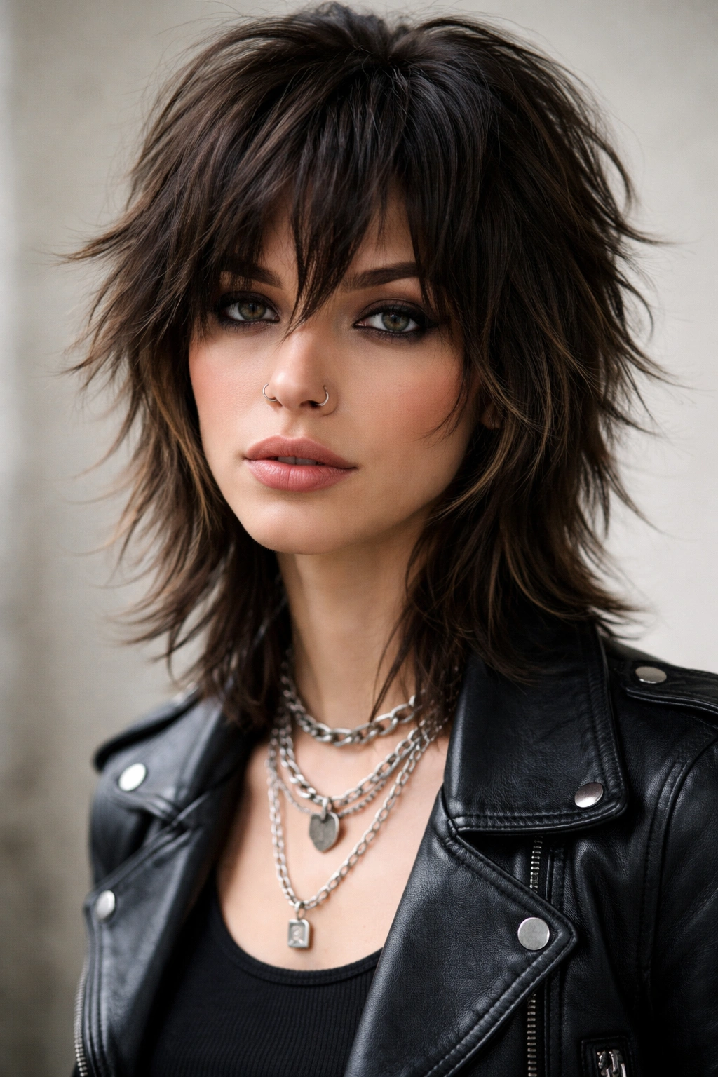 10 Rockstar Inspired Short Cuts For Edgy Women 2 Close-up portrait of a person with a modern shag haircut featuring raw, ragged edges and shorter crown.