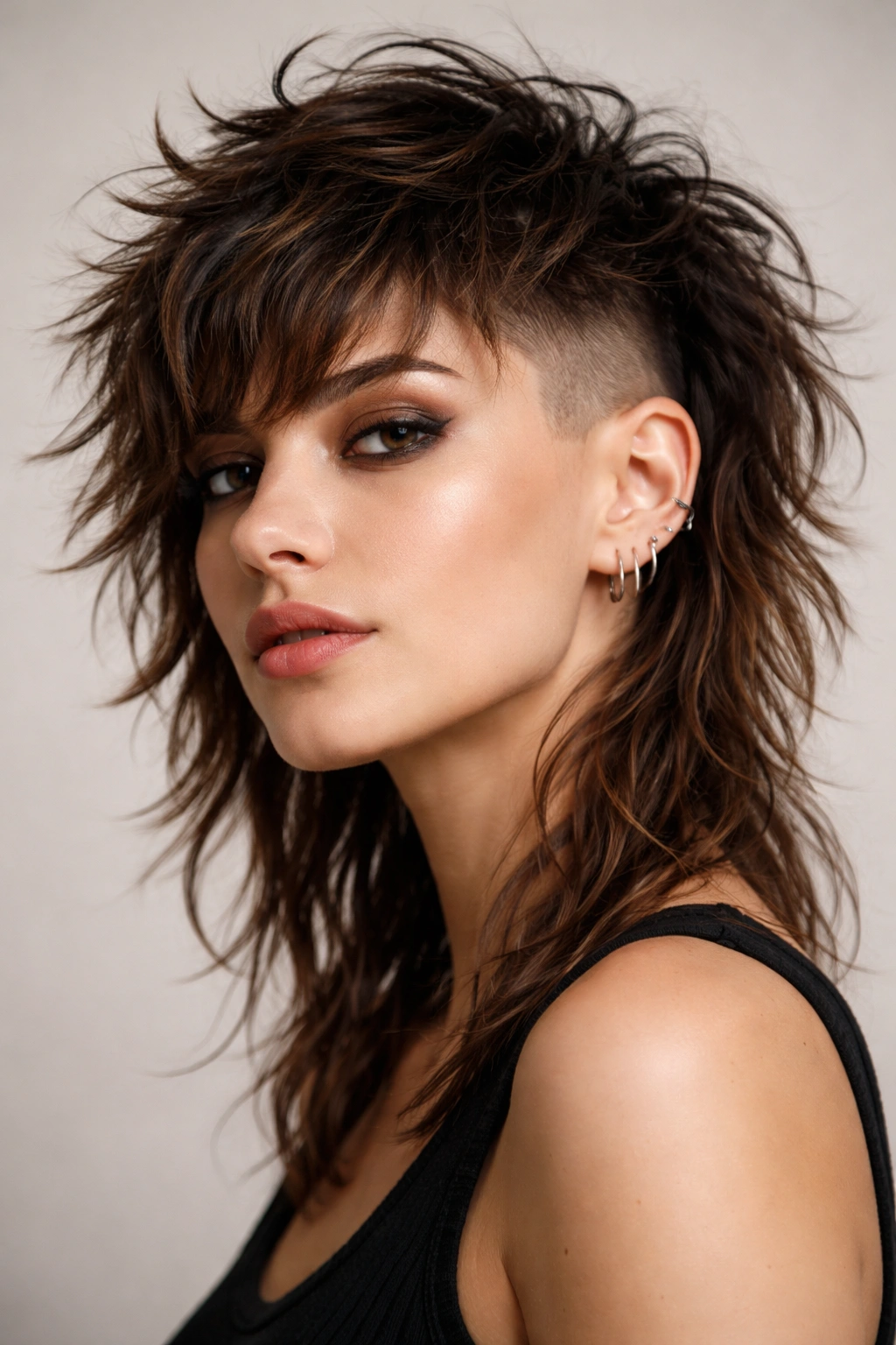 Portrait of a woman with a shag hairstyle and shaved sides, showcasing layered texture and movement.