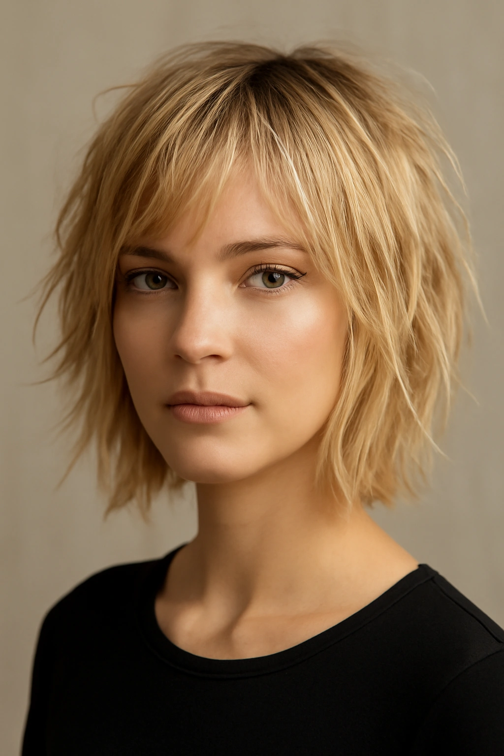 15 Short Blonde Haircuts to Bring to Your Next Appointment 3 Blonde shaggy short bob with chin-length cut and face-framing layers in studio setup
