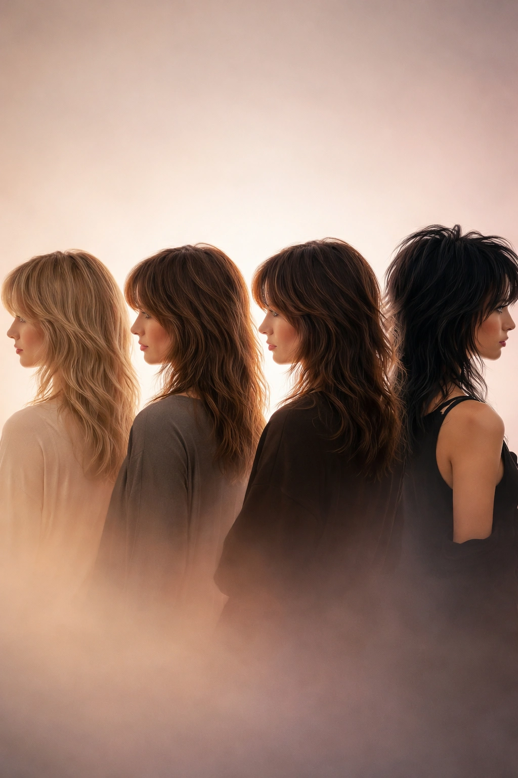 Abstract silhouette illustrating a spectrum of shag hairstyles