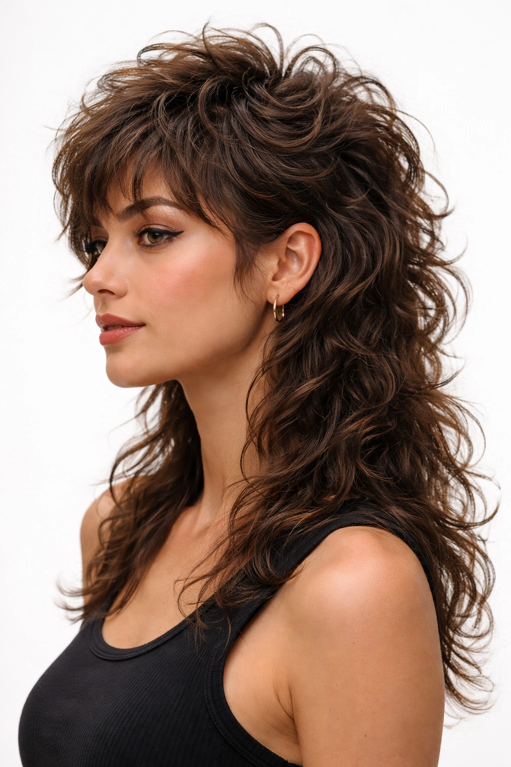 Shag Stack Mullet with stacked crown and flowing back on curly hair
