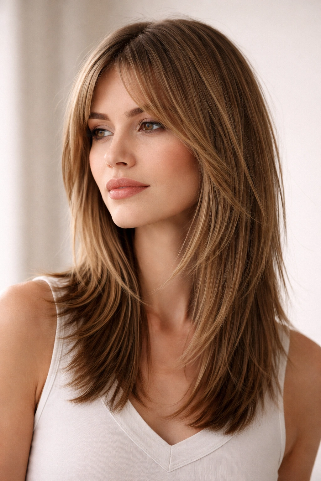 Shoulder-length straight hair with sleek shag and choppy layers