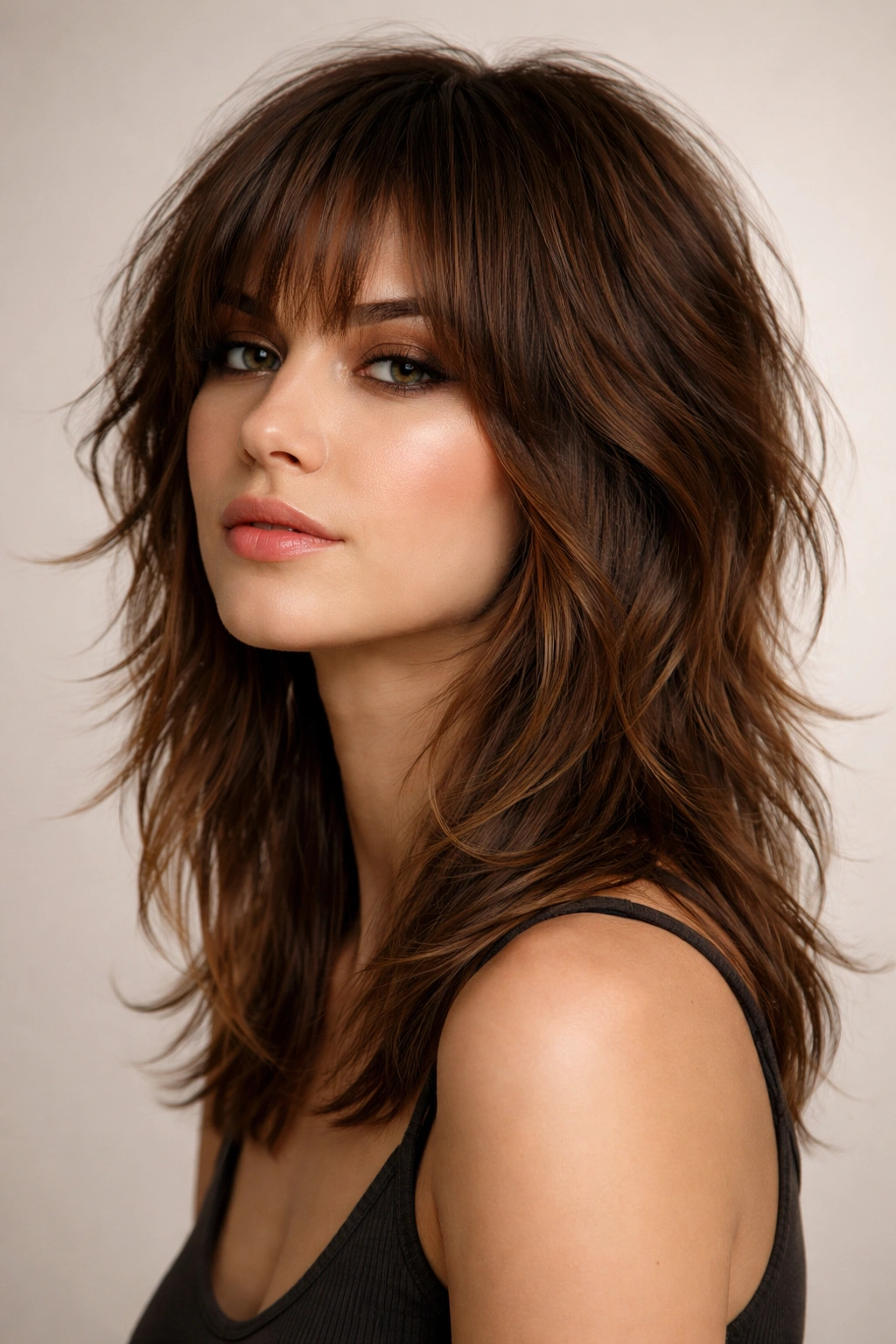 Medium-length shag with texture fade showing soft back layers and choppy front texture