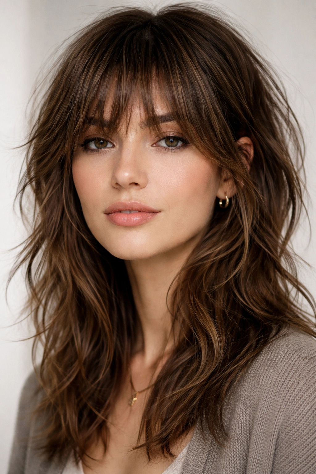 Portrait of a person with textured bangs integrated into a shag, creating depth at the fringe.