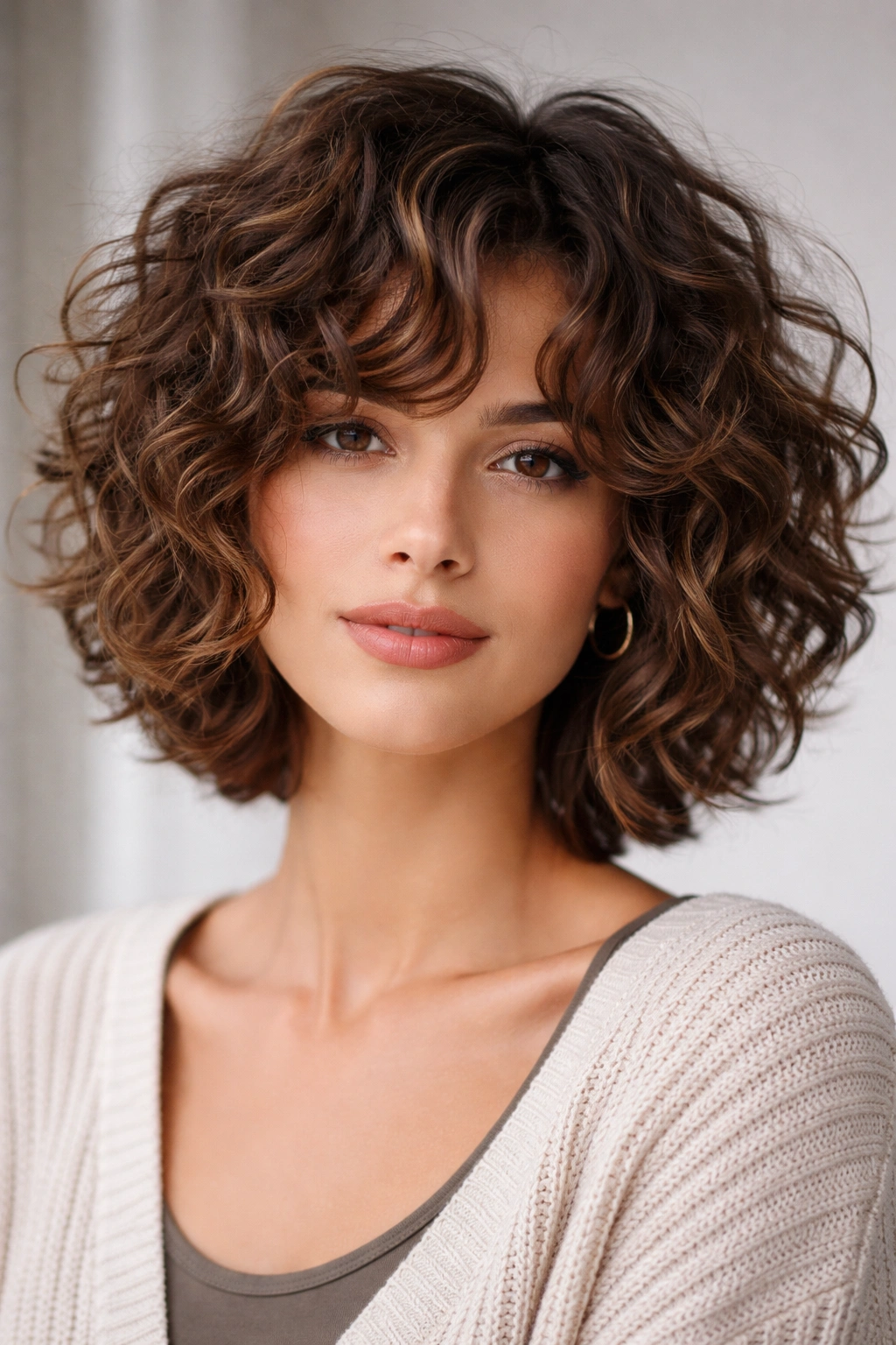 Front view of a chin-length shag textured curly bob with layered texture