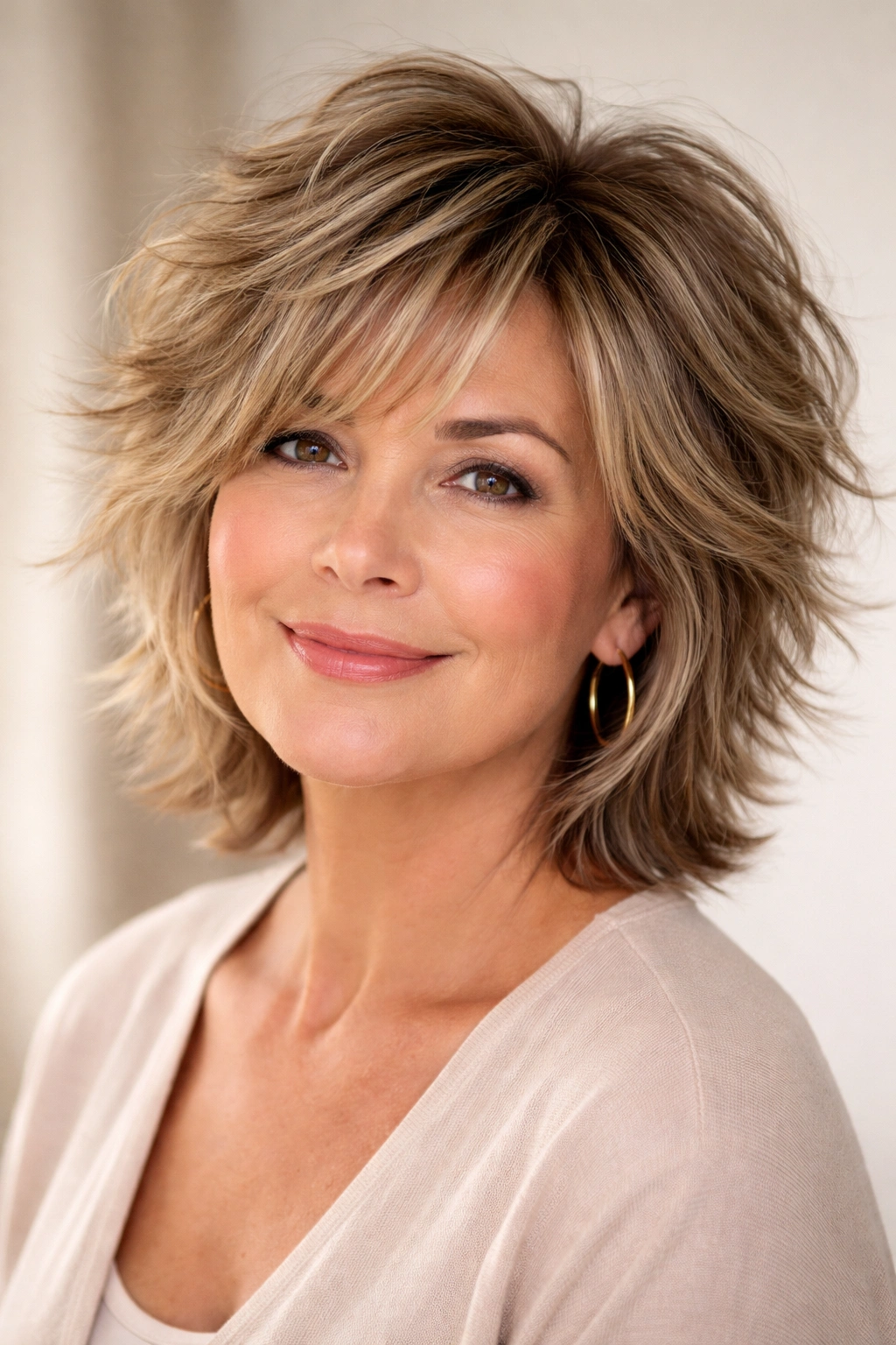 12 Short Hairstyles For Round Faces Over 50 7 Close-up of a textured, tousled shag on a round-faced model over 50