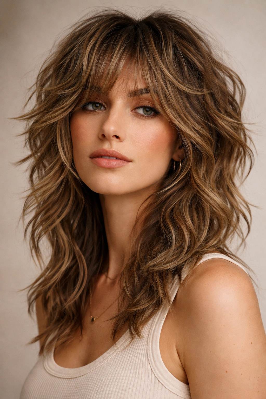 Close-up of The Shag hairstyle with textured waves and layered crown