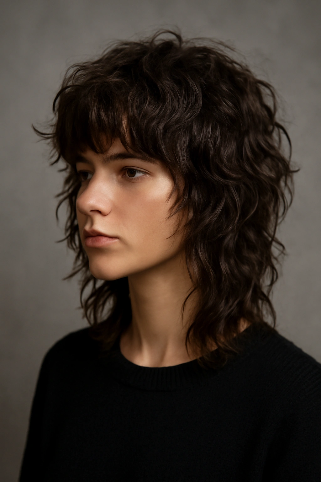 Model showing a shag haircut with choppy waves and crown volume