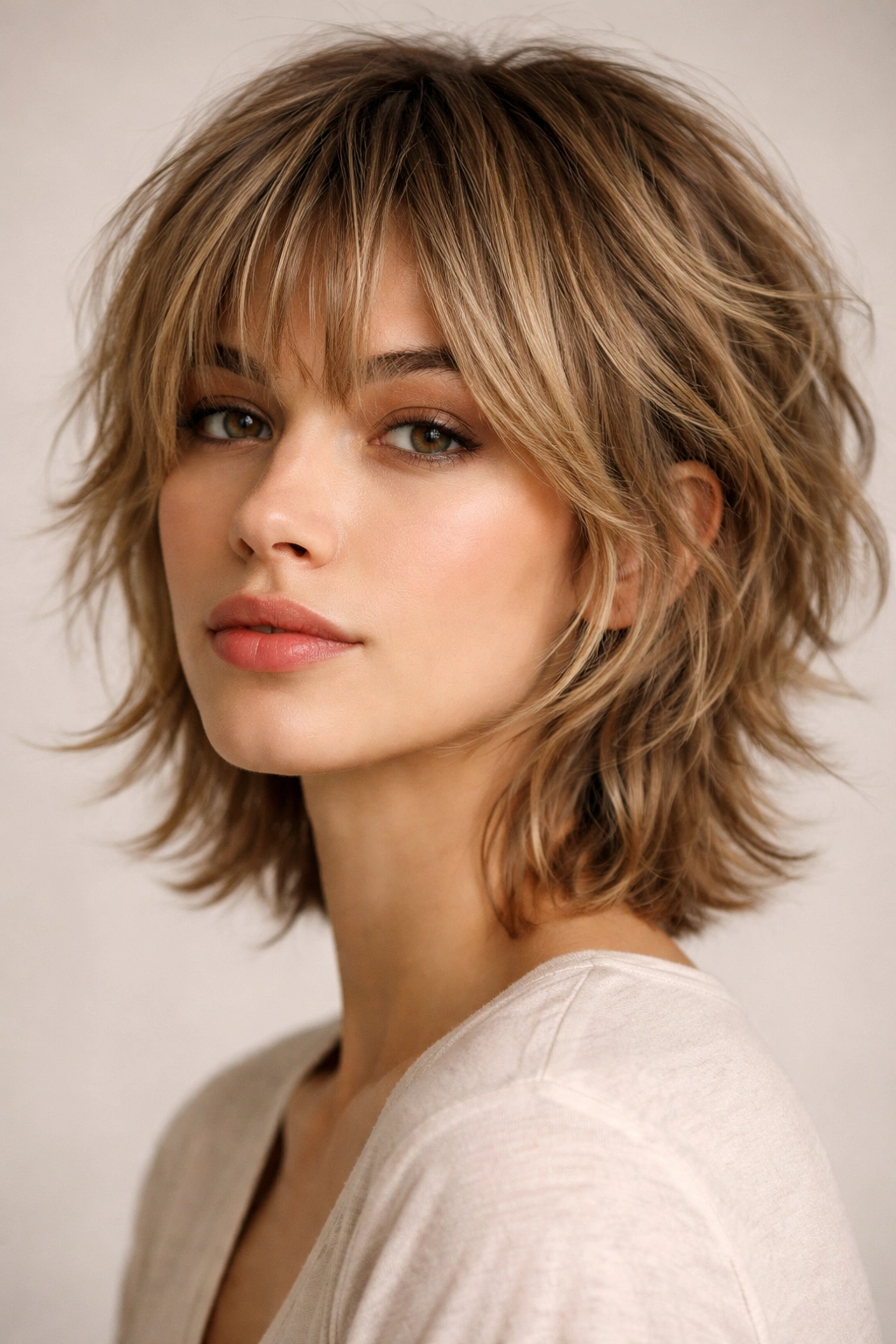 Portrait of a person with a textured short shag and wispy bangs