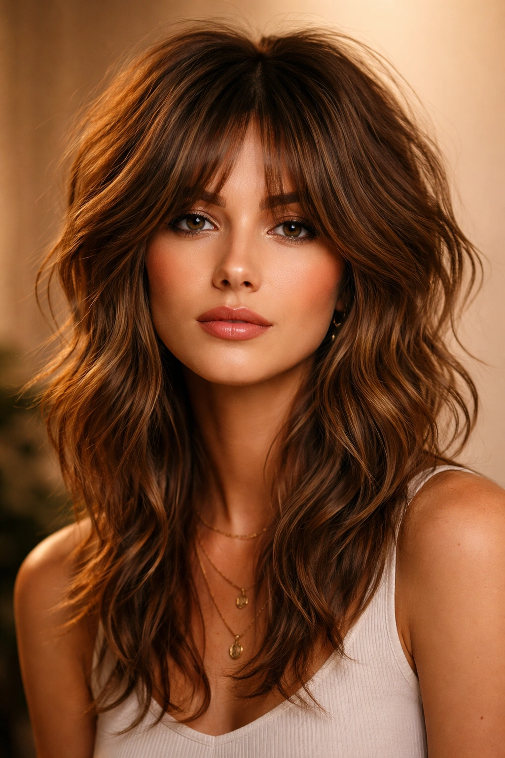 Close-up of textured shag-inspired wolf cut with soft waves and voluminous crown