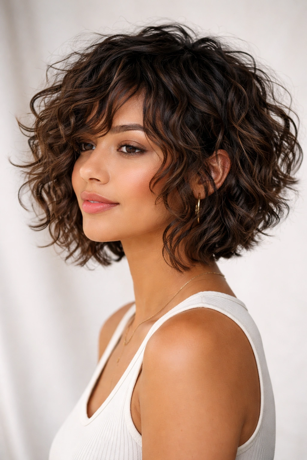 Portrait of shaggy angled bob with movement on curly hair