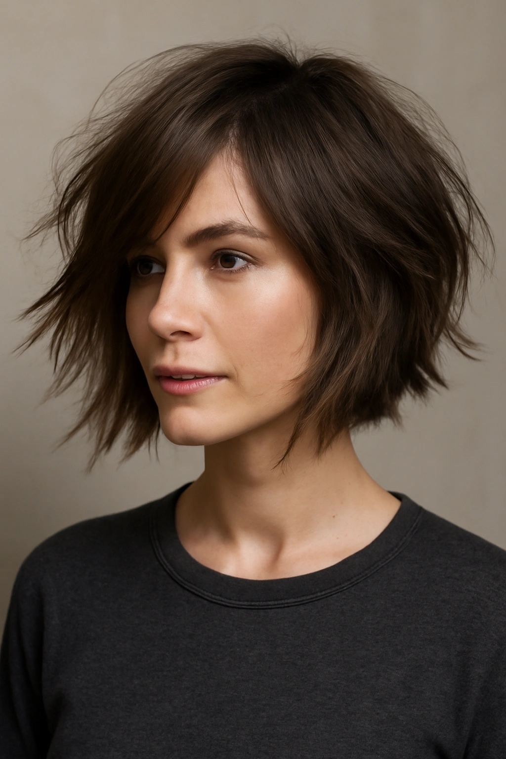 Portrait of a shaggy asymmetrical lob with collarbone length and tousled texture.
