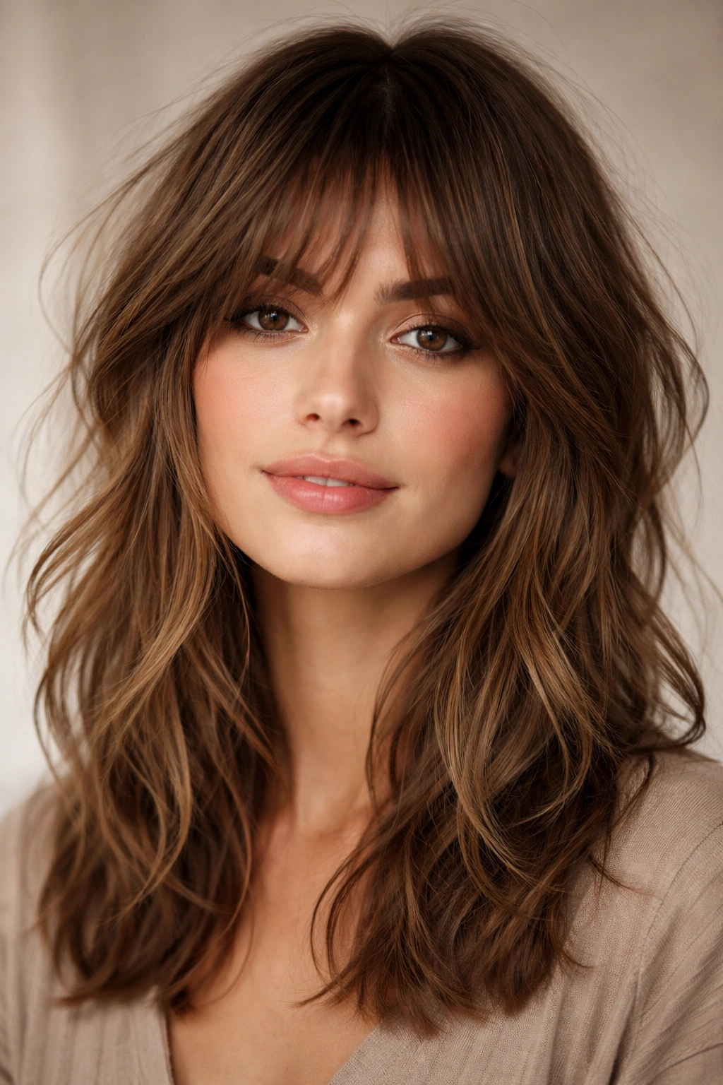 18 Bangs To Try With Medium Length Hair 9 Textured shaggy bangs with layered pieces on medium-length hair