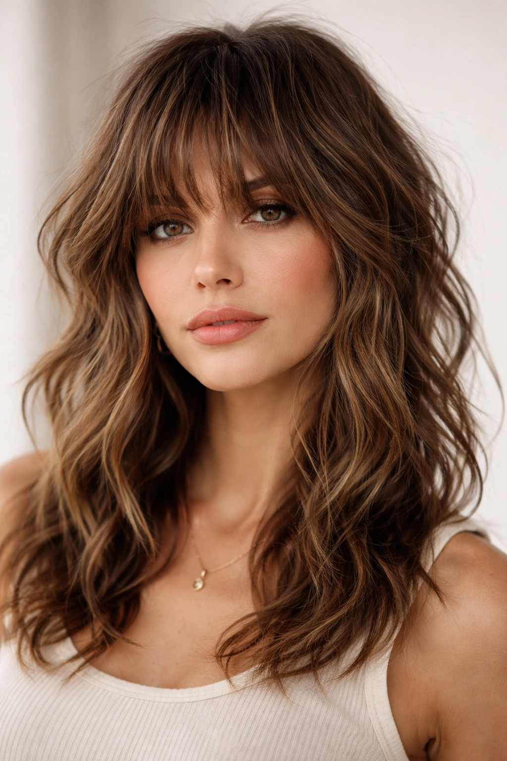 Texture-rich shaggy bangs with layered waves