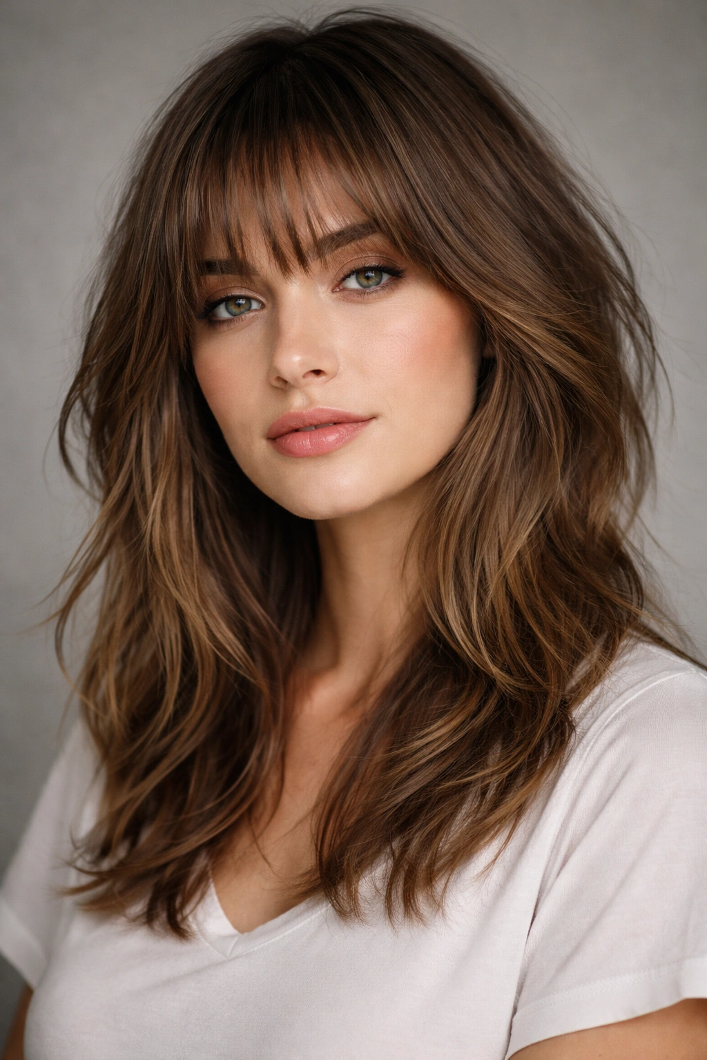 Close-up of shaggy bangs with textured layers on medium-length hair, studio lighting