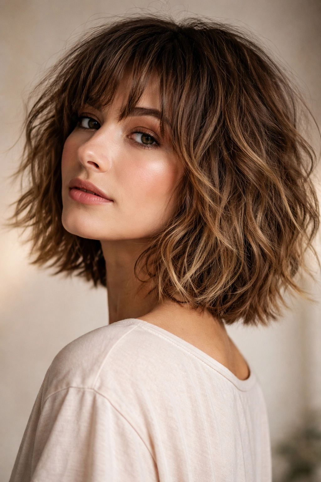 Shaggy bob close-up with choppy layers and texture