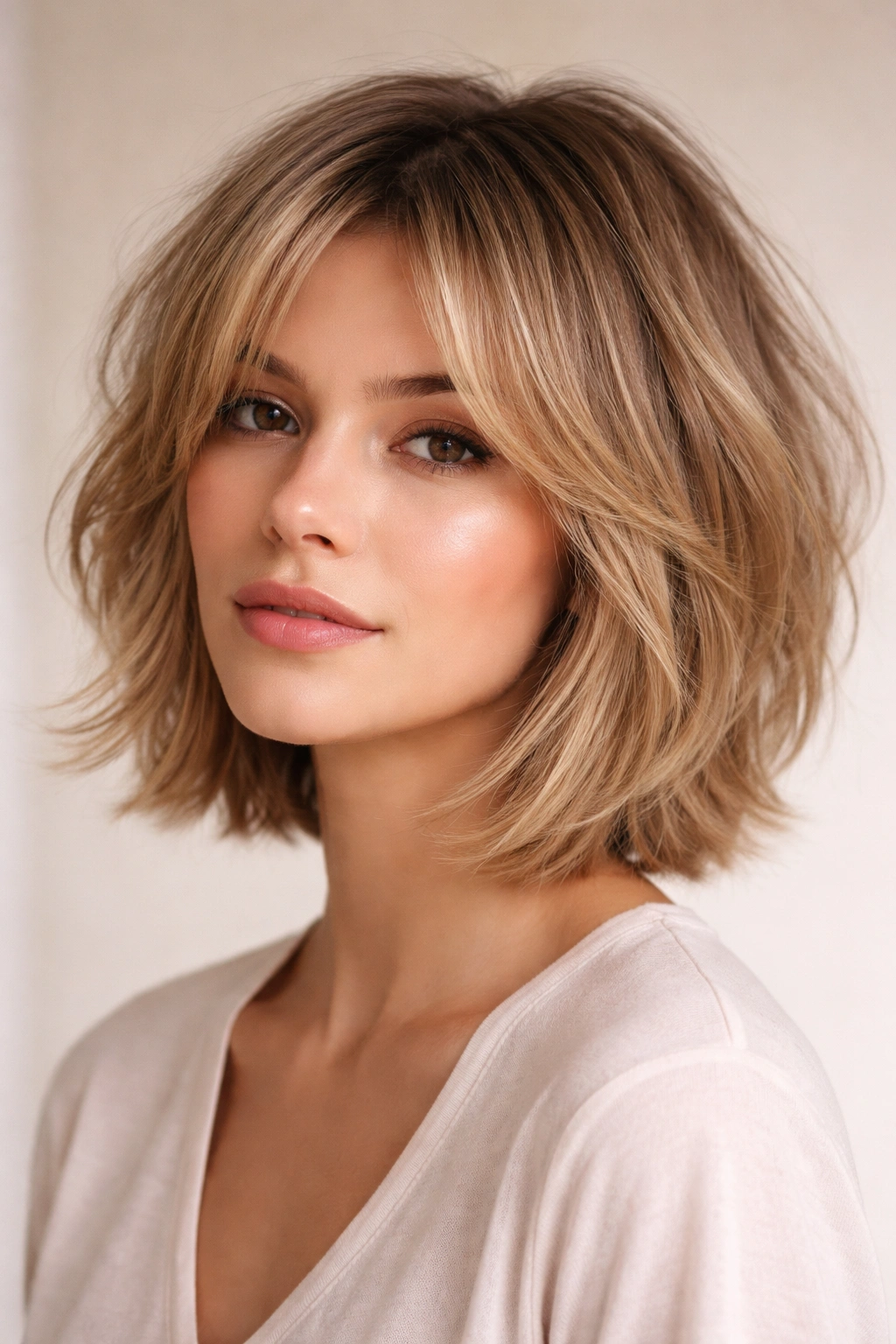Shaggy bob with face-framing layers showing cheek framing.