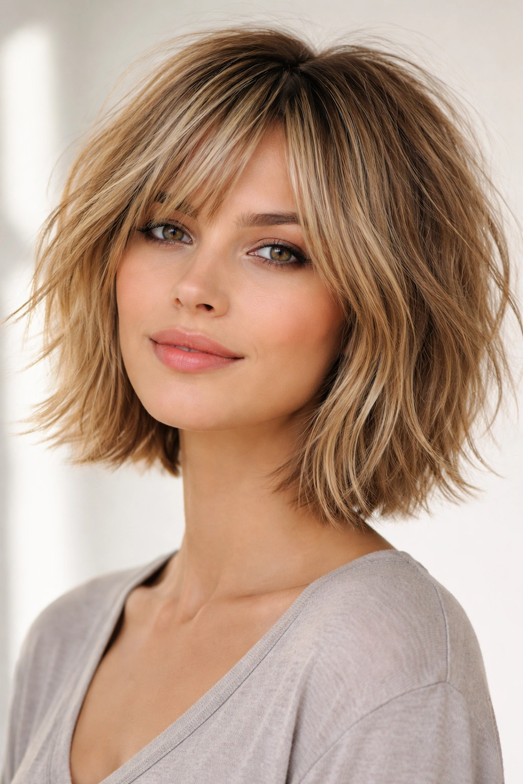 Chin-length shaggy bob with choppy layers and textured pieces in studio