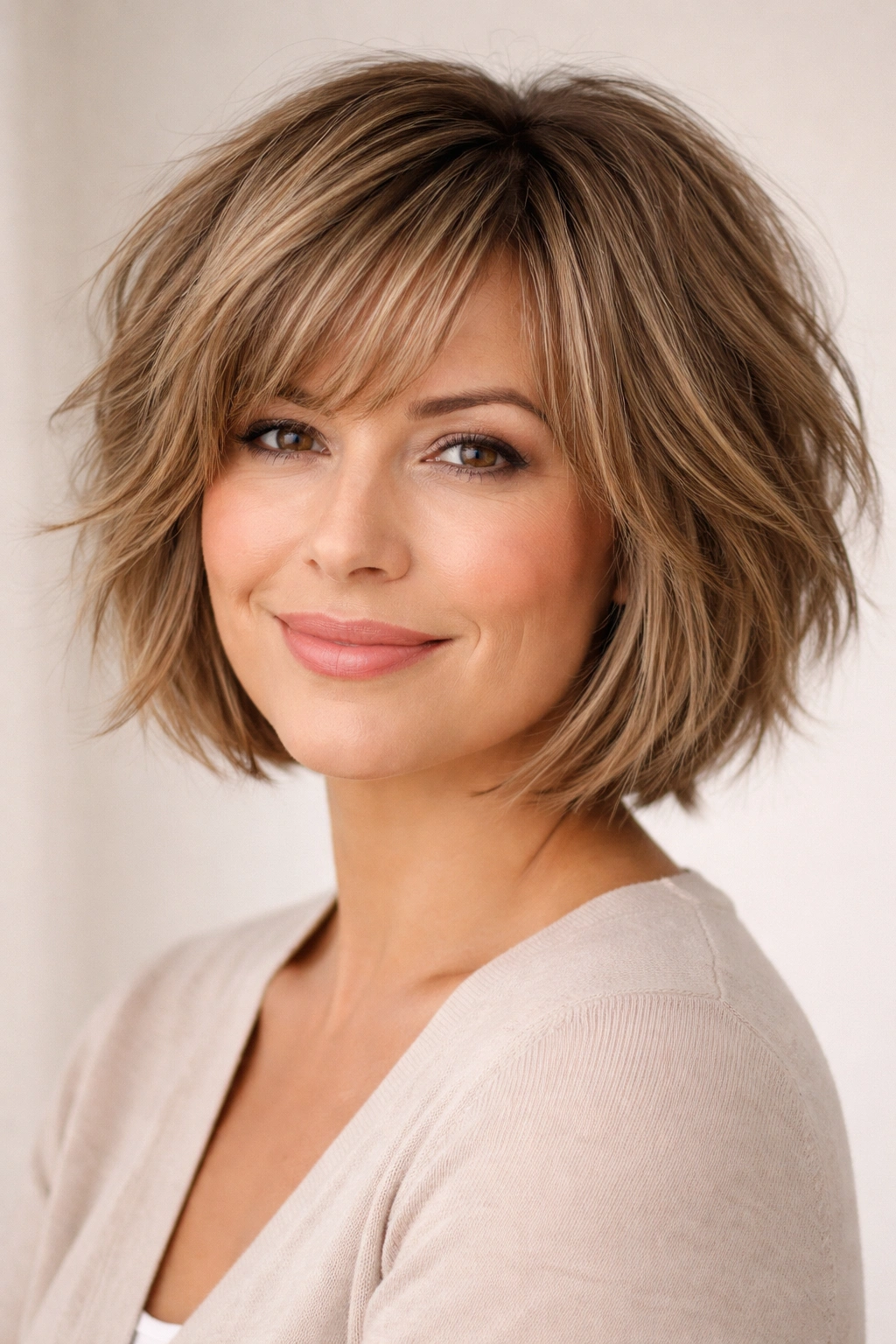 18 Short Hairstyles For Round Faces Over 40 2 Portrait of a round-faced woman with a chin-length shaggy bob showing texture and movement