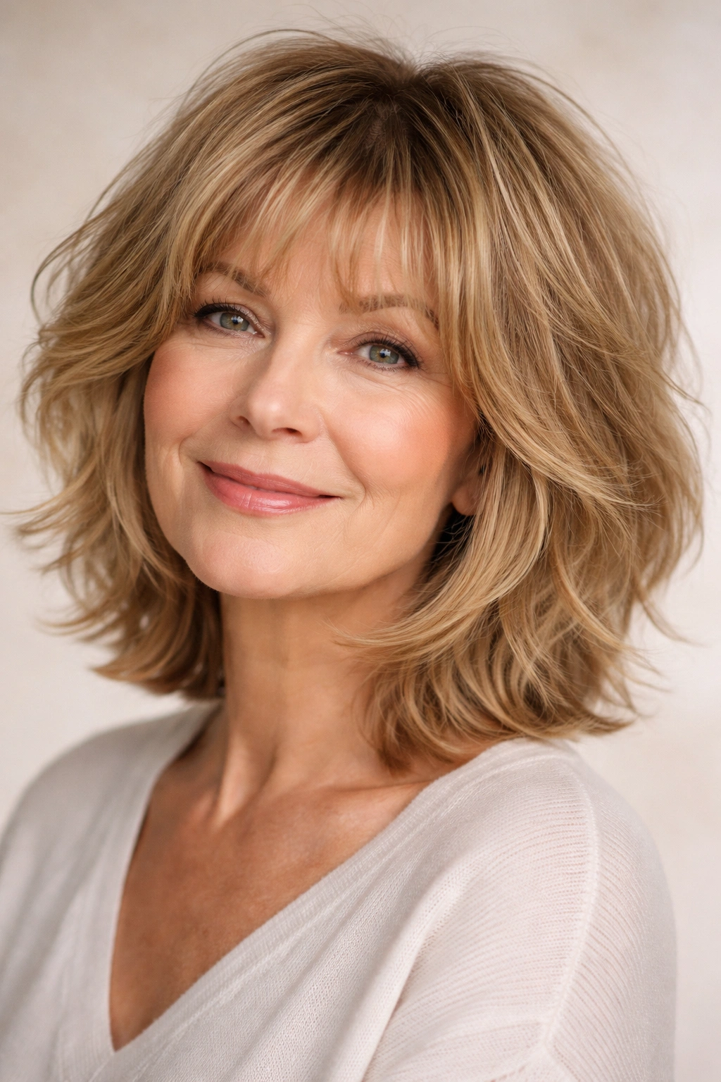 Shaggy bob with wispy bangs in honey blonde showing movement