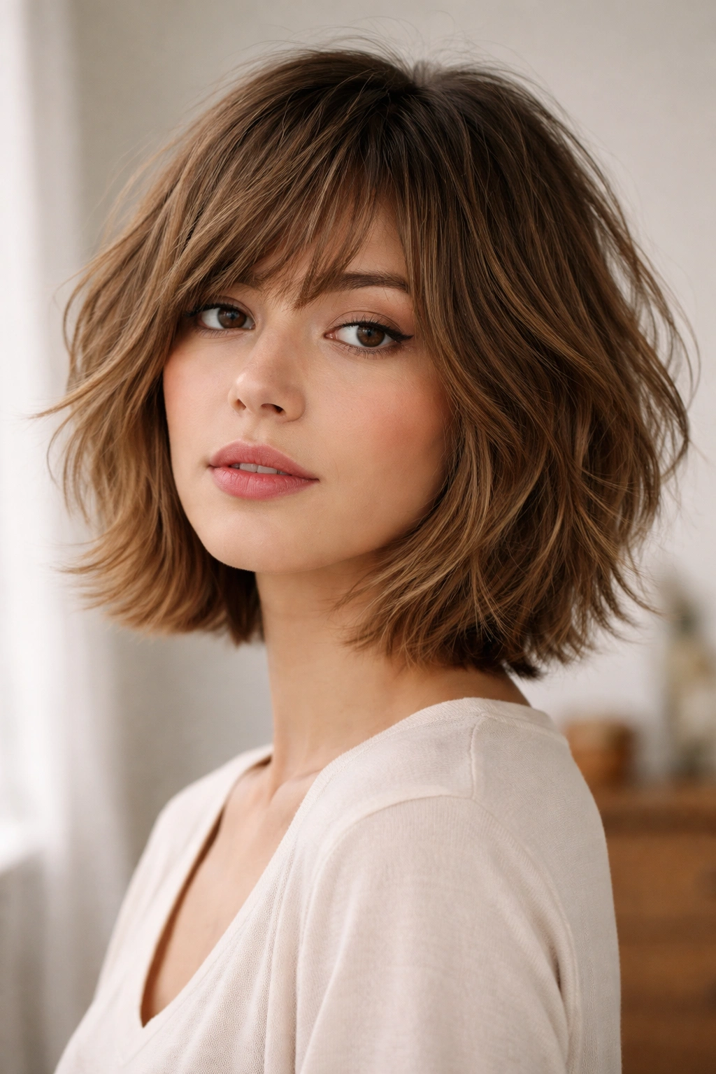 18 Medium Shaggy Cuts With Built In Movement 10 Chin-length shaggy bob with layered texture and movement