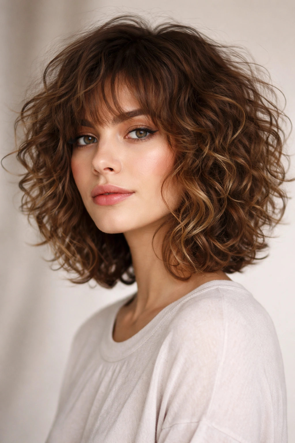 Portrait of a person with a shaggy bob for long faces with curly hair