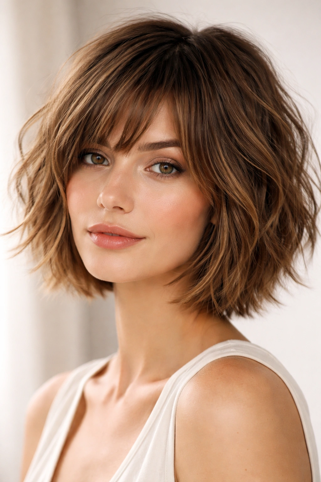 12 Short Choppy Haircuts With Natural Movement 1 Close-up of a chin-length shaggy textured bob with choppy layers and movement.