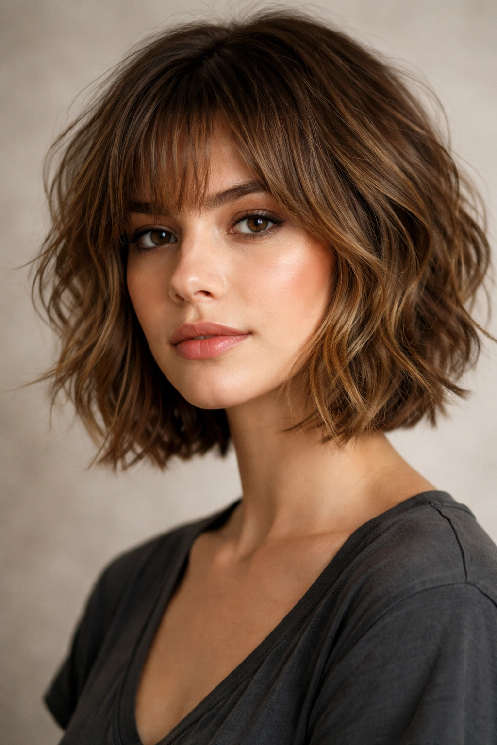 Shaggy bob on square-jawed model with wavy hair, chin-length, textured layers