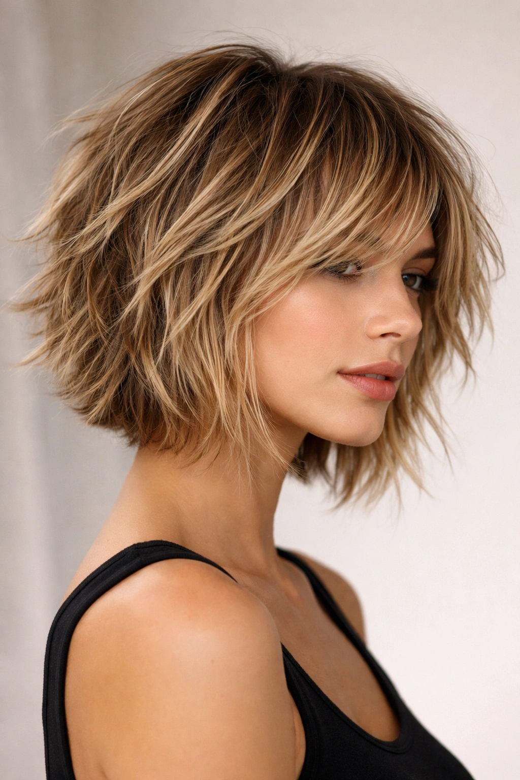 Close-up portrait of a person with a chin-length shaggy textured bob and disconnected layers