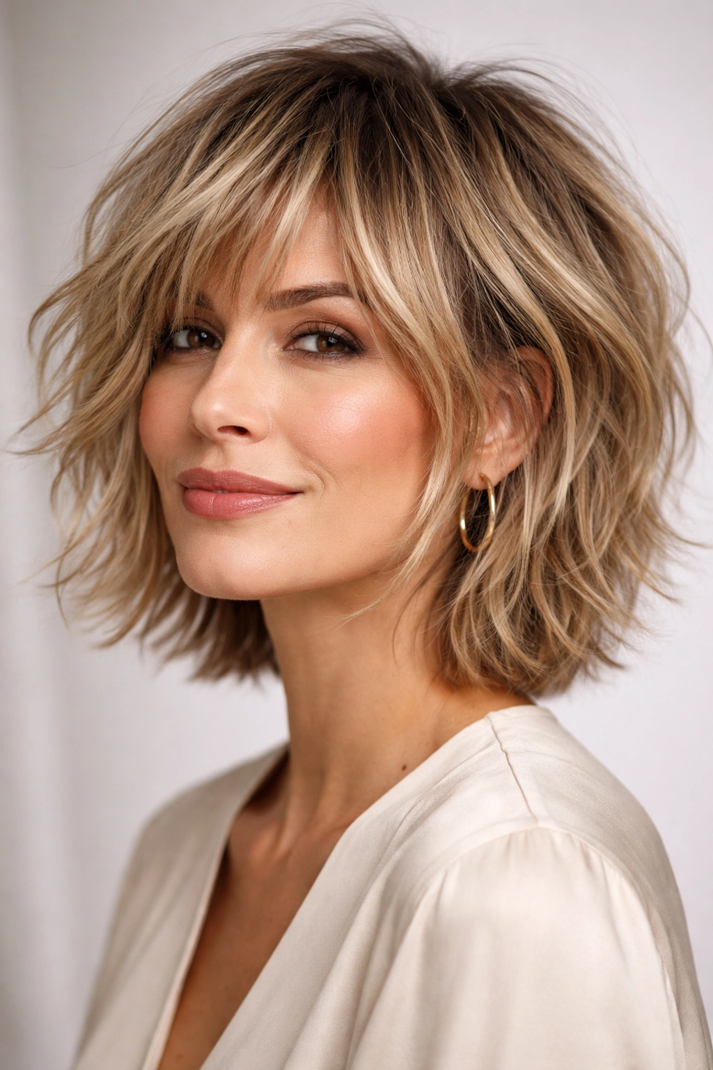 Shaggy bob with texture showing choppy layers and movement