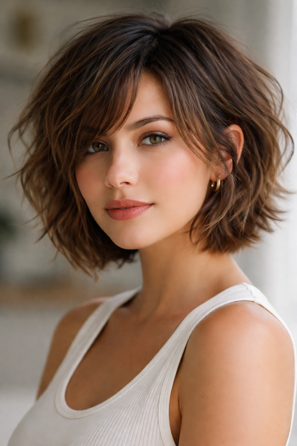15 Slimming Short Hairstyles For Round Faces 14 Shaggy textured bob with layered pieces and messy movement on a model