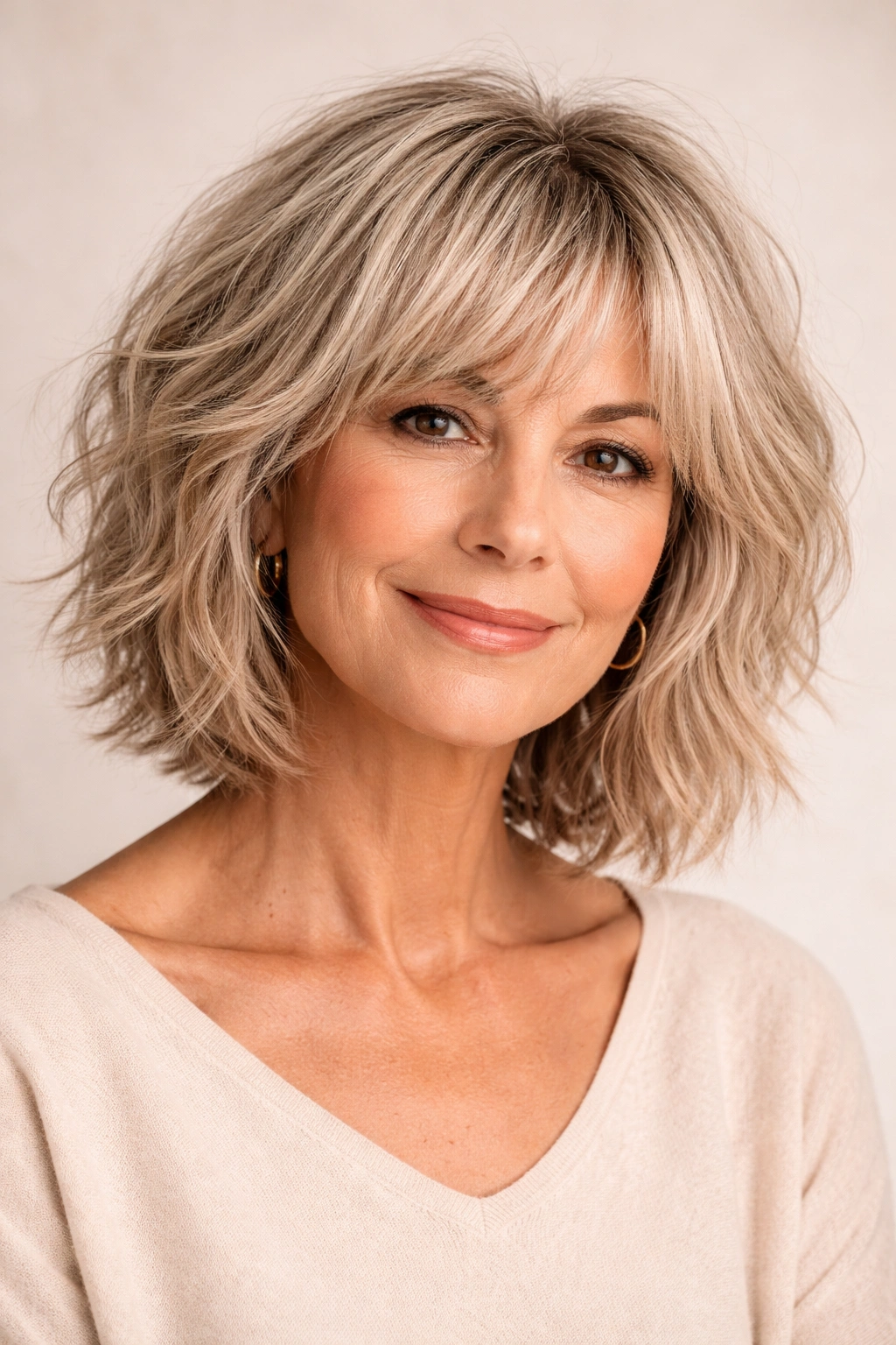 Portrait of a woman with a shaggy bob showing collarbone-length layers