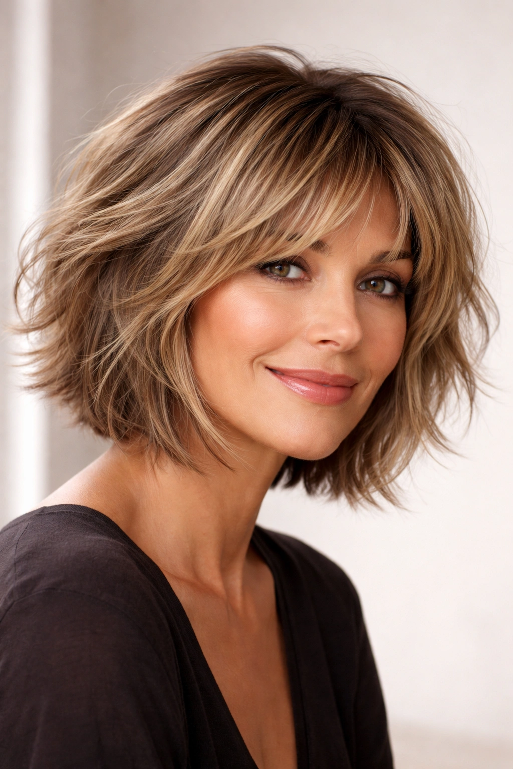 Shaggy bob hairstyle with textured, tousled layers on a model